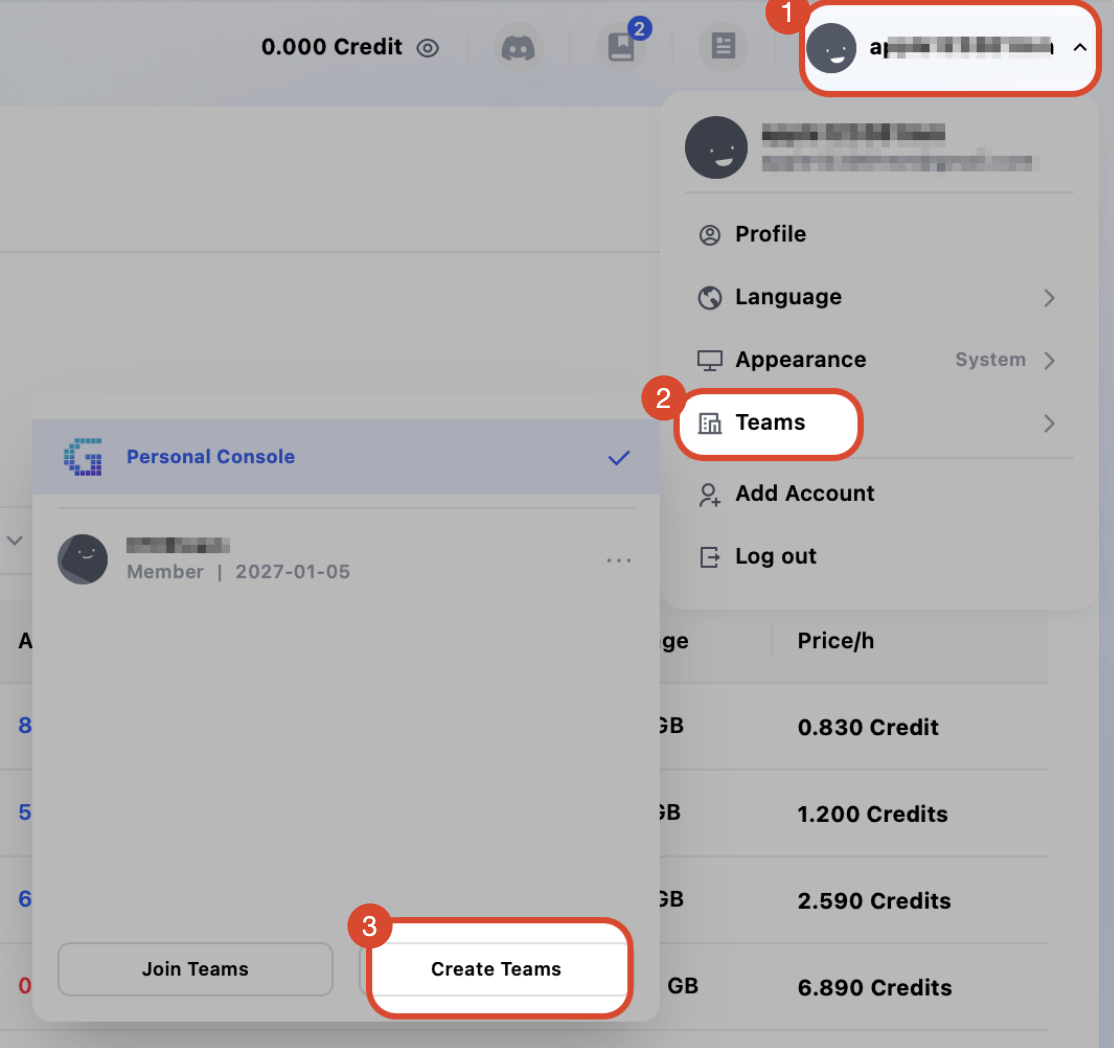Create Team Menu