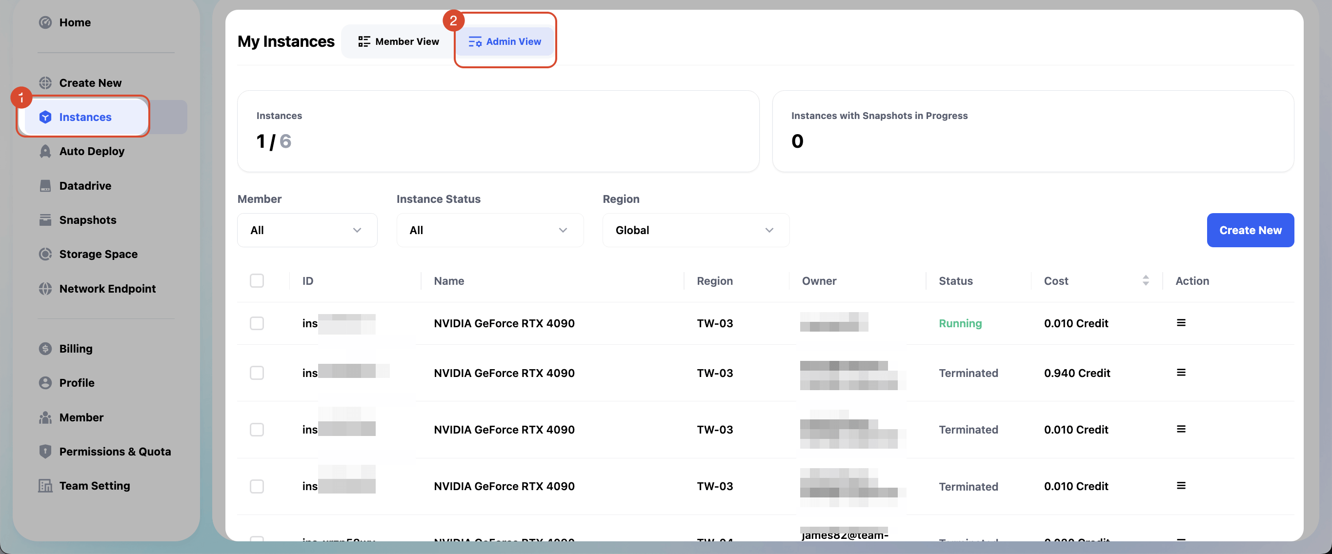Admin View Instances